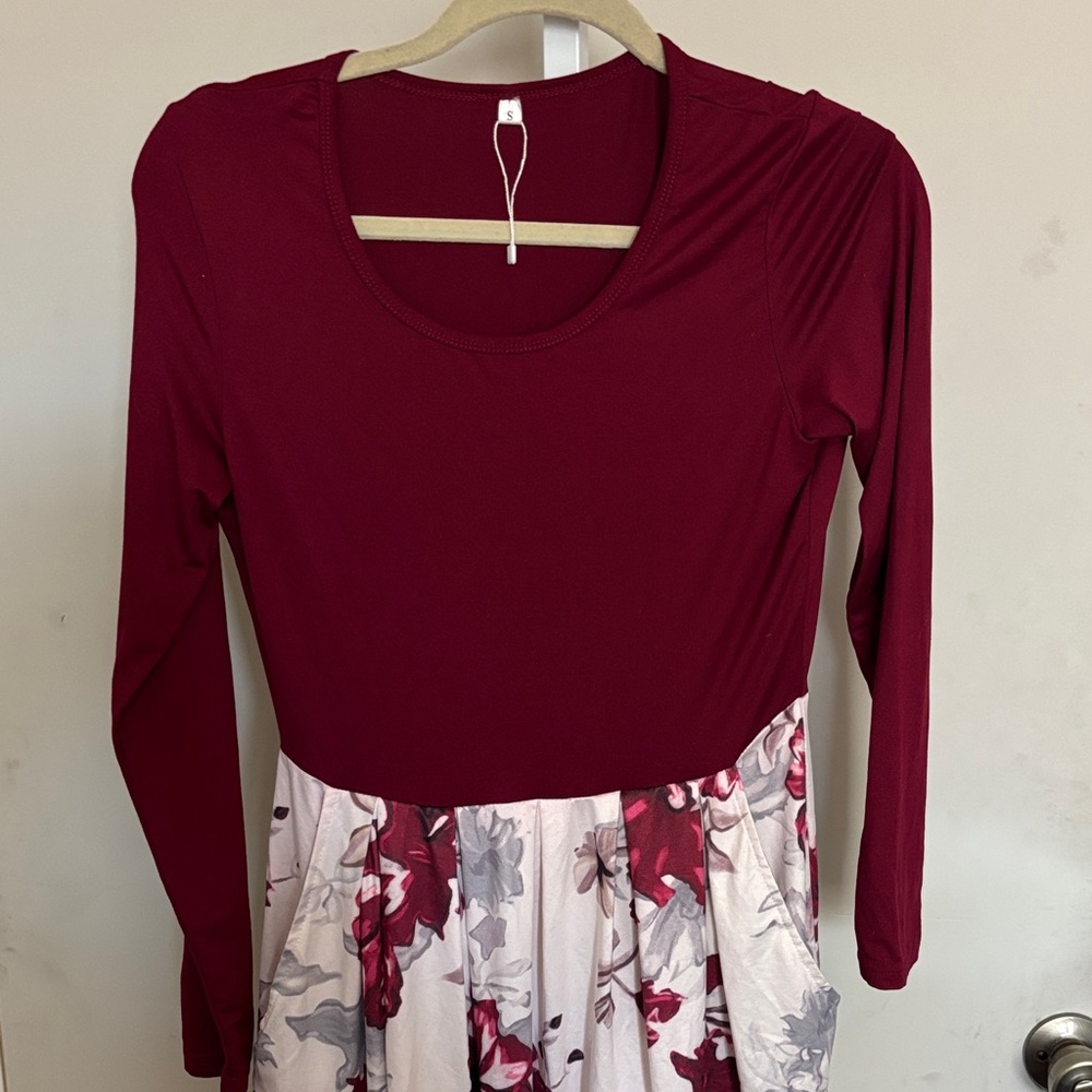 Burgundy Floral Long Sleeve Dress